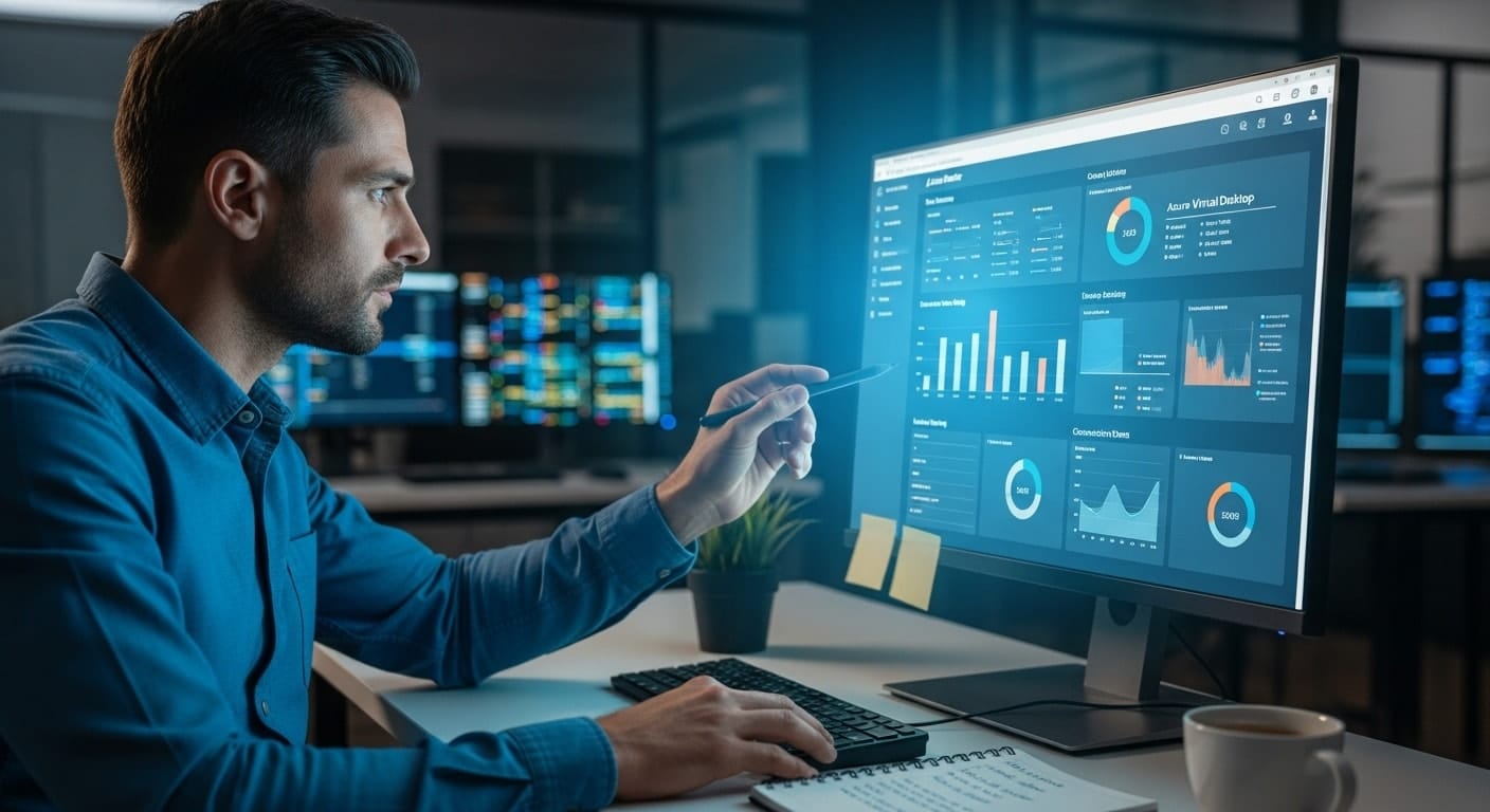 Engineer analyzing Azure Virtual Desktop architecture metrics and performance data on a management console.