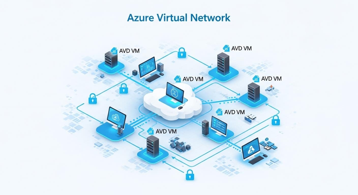 Diagram of Azure Virtual Desktop architecture with virtual networks, session hosts, and secure VM connections.