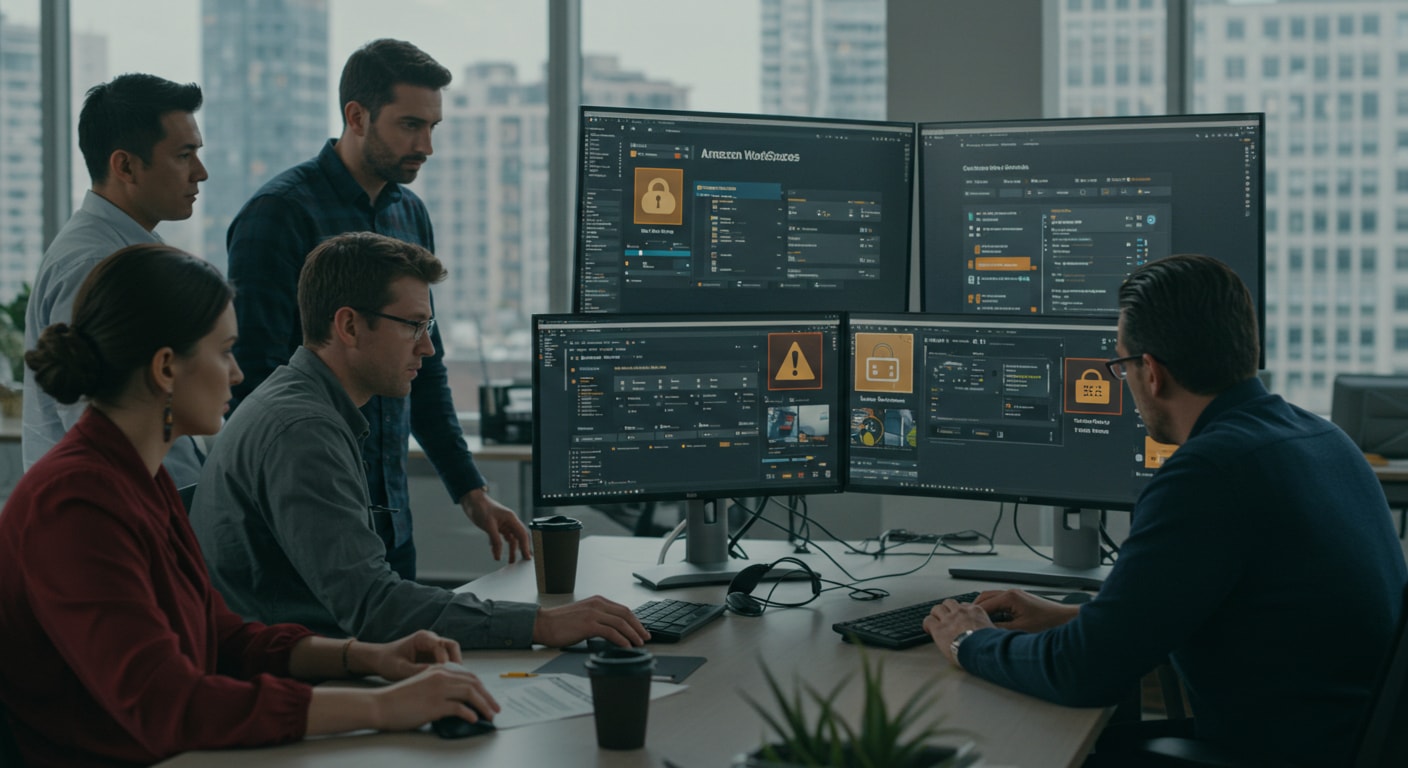 IT security team analyzing Amazon WorkSpaces VDI dashboards with visible alerts and lock icons, highlighting enterprise-level security issues and risks.