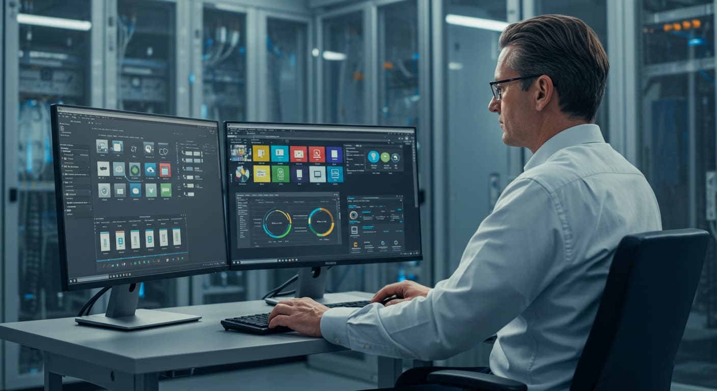 System administrator managing virtual desktop infrastructure from a secure data center, actively setting up VDI for enterprise users.