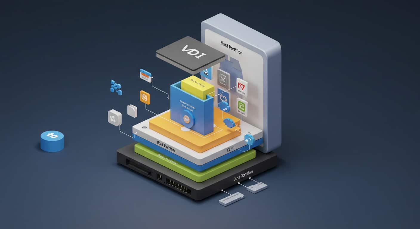 Illustration showing internal structure of a VDI file, with boot sector, apps, user data, and file system components.