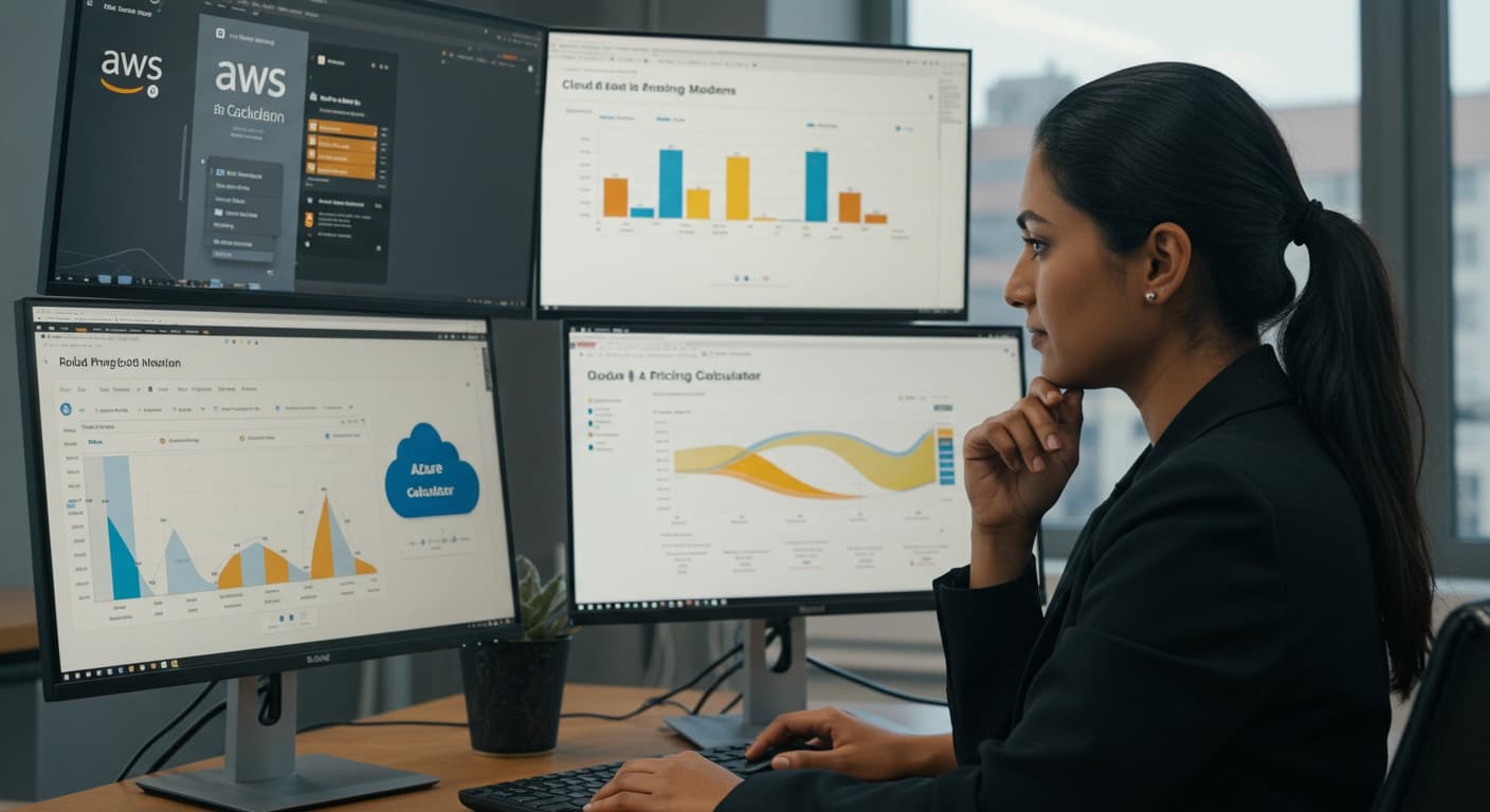 Professional analyzing cost calculators to compare Amazon Web Services vs Google Cloud vs Azure pricing models.