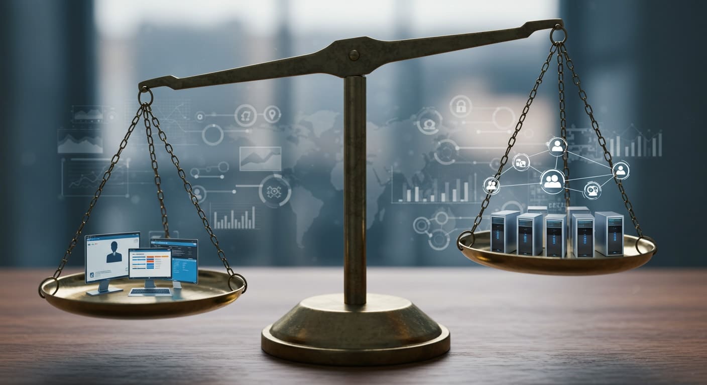 Visual comparison of VDI vs VM on a balance scale, weighing user desktops against virtual server infrastructure.