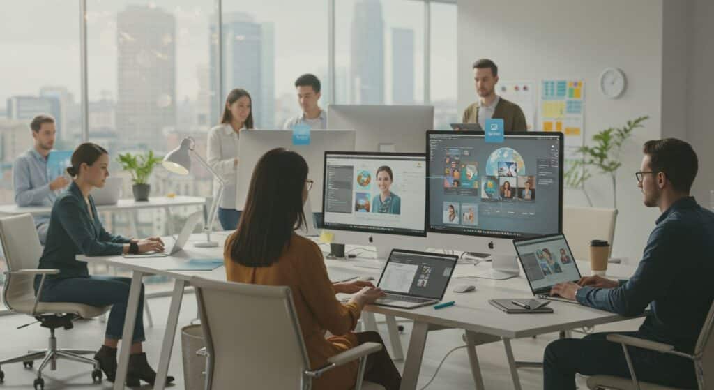Office team using VMware Horizon DaaS virtual desktops in the cloud for collaboration and remote access