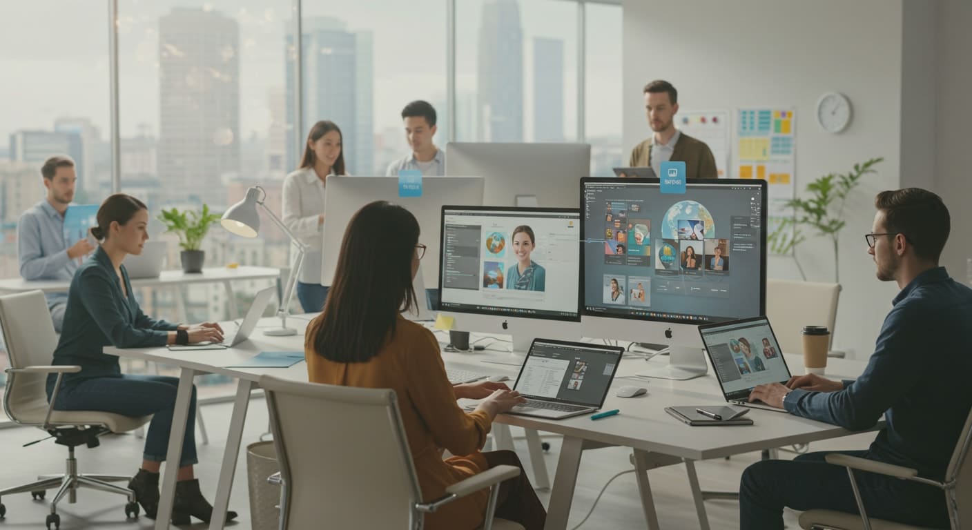 Office team using VMware Horizon DaaS virtual desktops in the cloud for collaboration and remote access