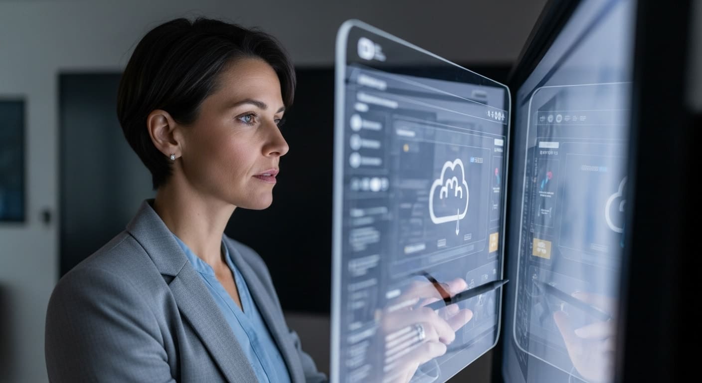 Professional reviewing a cloud security dashboard inside a virtual cybersecurity lab environment.