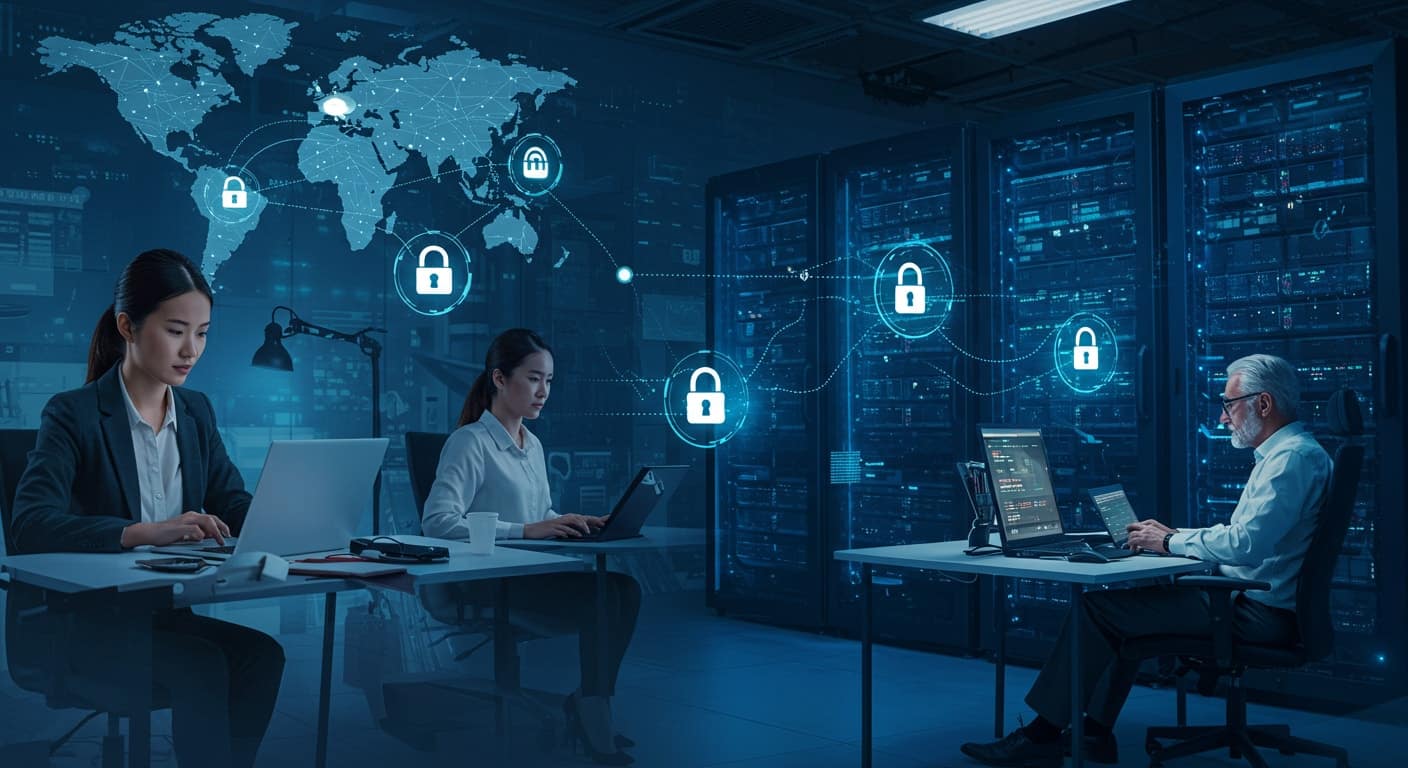 IT professionals working in a secure data center environment with global network security visualizations.