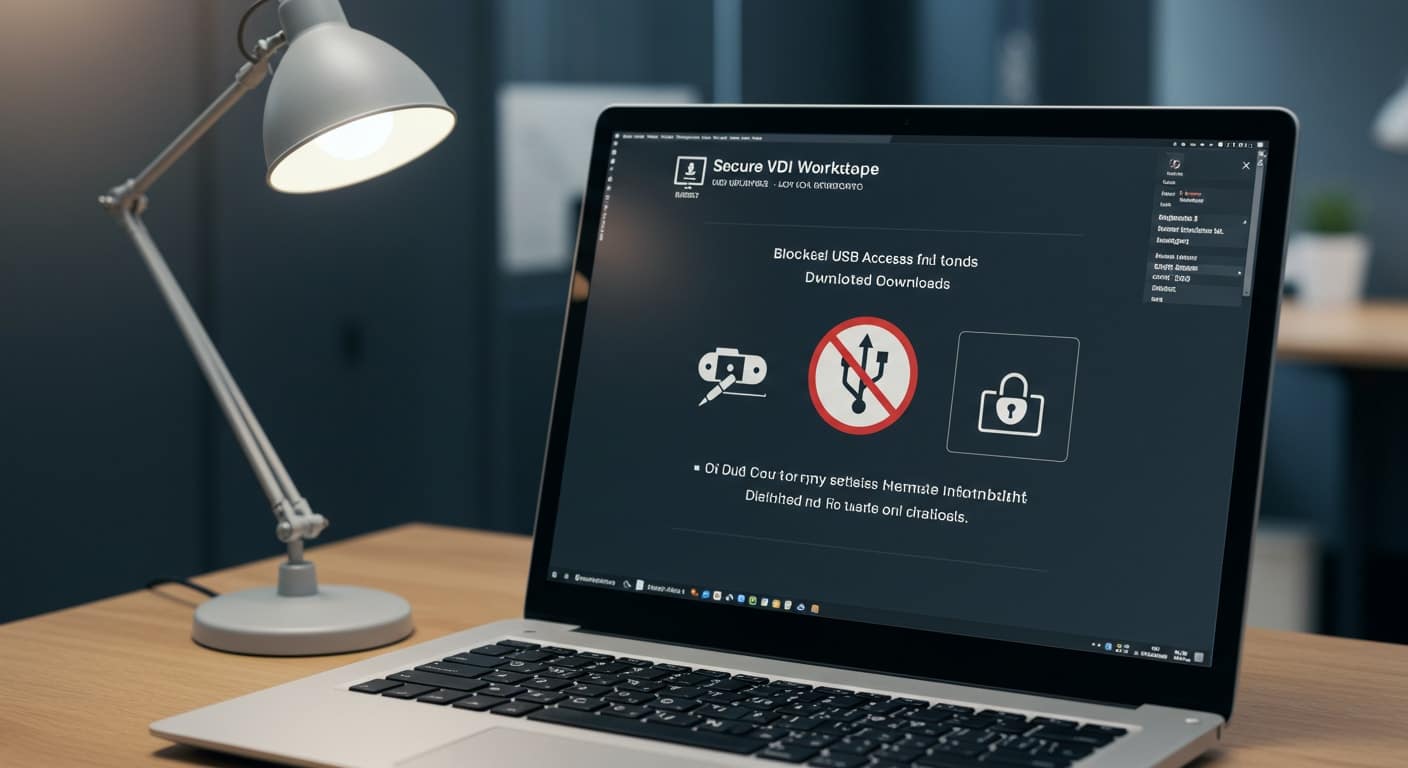 Secure laptop screen displaying blocked USB access and file download restrictions, highlighting endpoint protection when setting up VDI.