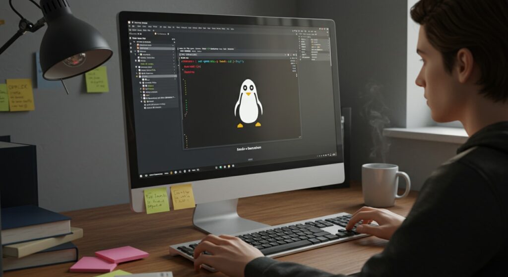 Developer working in a Linux terminal inside Windows, showing how to run Linux on Windows for cross-platform coding and scripting.