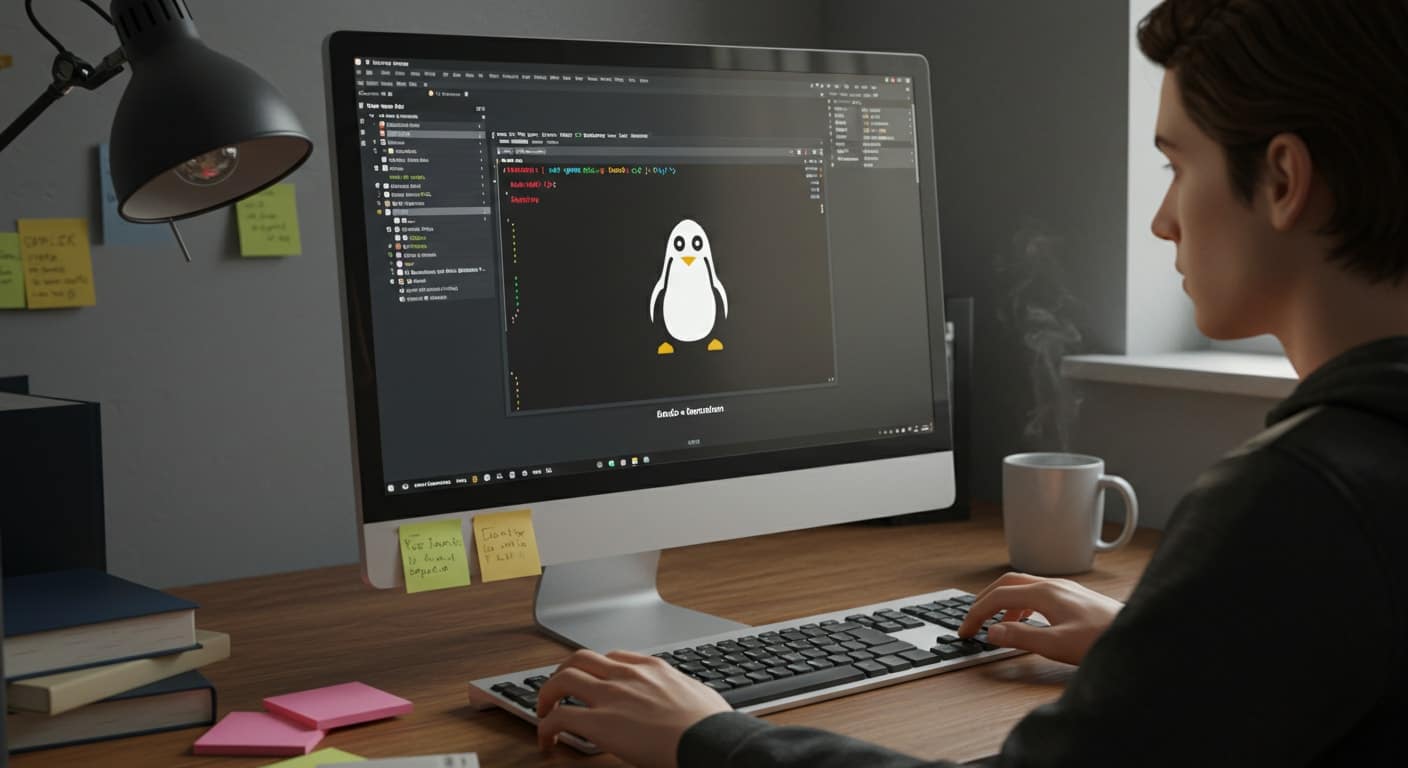 Developer working in a Linux terminal inside Windows, showing how to run Linux on Windows for cross-platform coding and scripting.