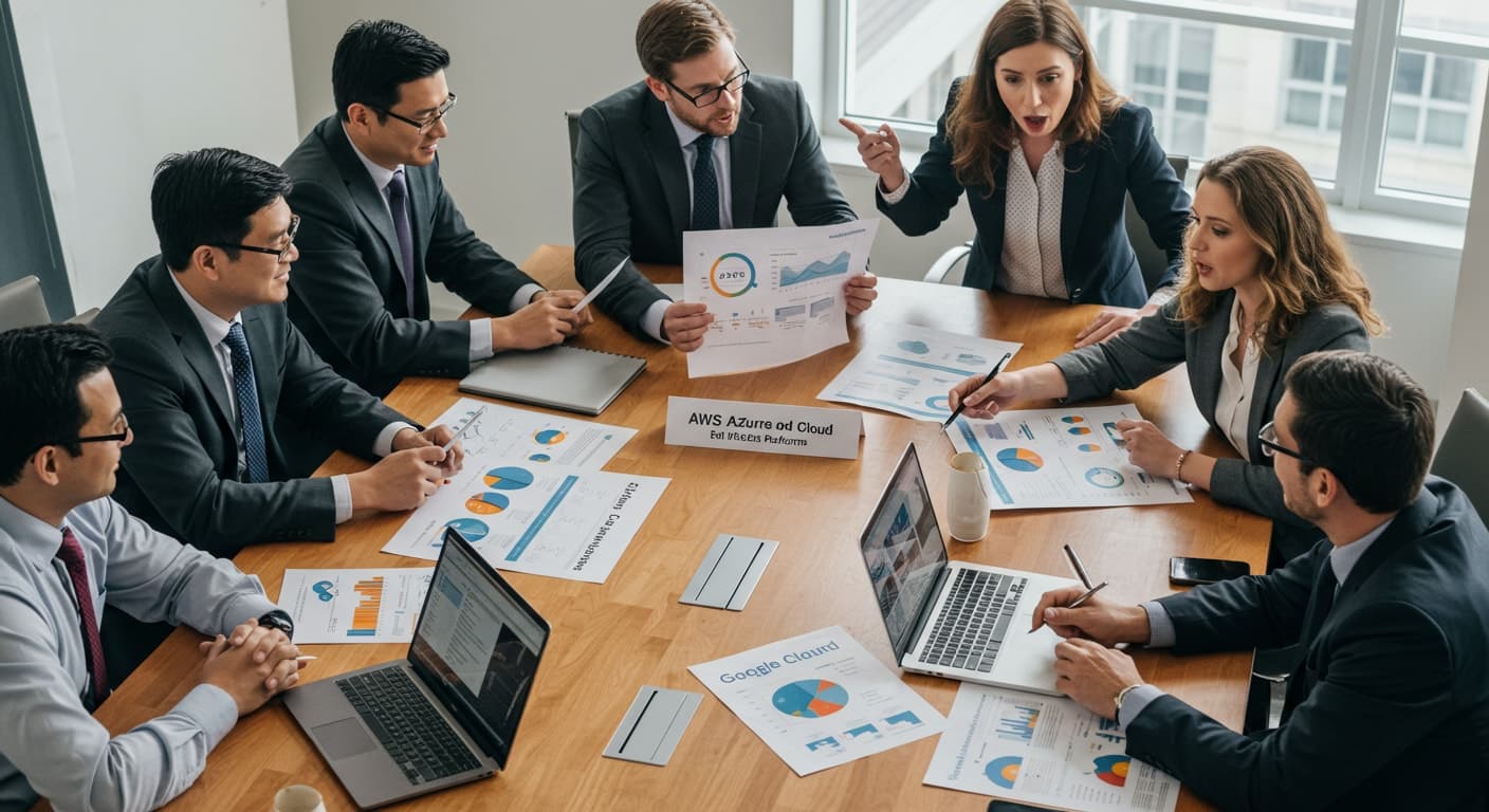 Business team comparing cloud strategies for Amazon Web Services vs Google Cloud vs Azure during planning session.