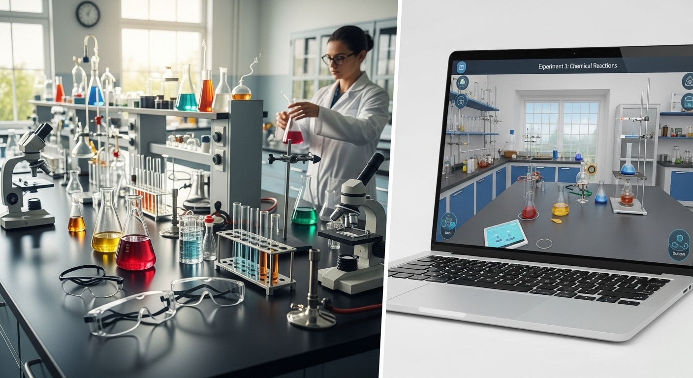 Side-by-side comparison of a traditional science lab and a digital simulation, illustrating the shift toward ed tech for virtual labs.
