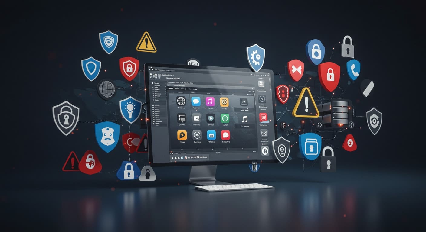 VDI dashboard displaying security alerts, threat icons, and protective shield symbols, illustrating layered virtual desktop security controls.