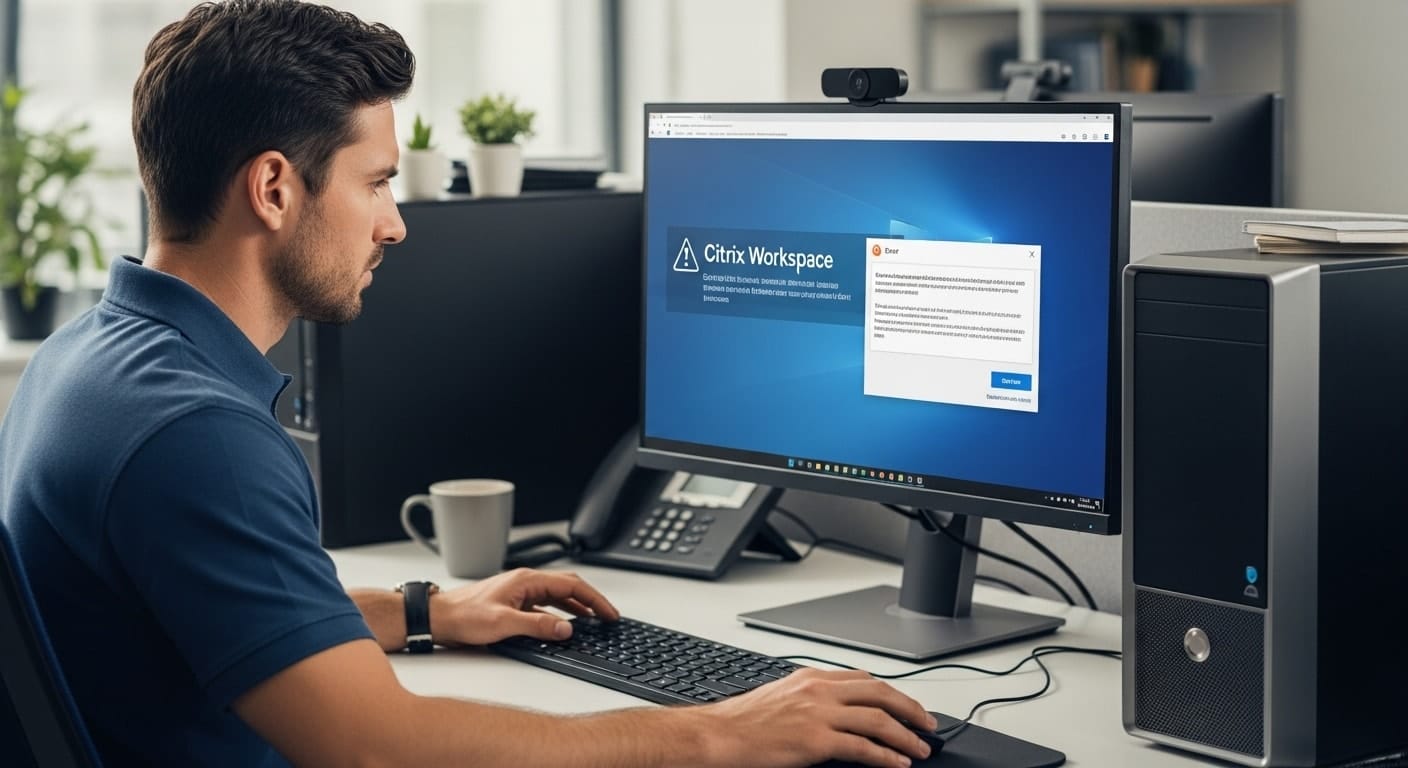 IT professional troubleshooting update error message on computer while resolving how to update Citrix Workspace issues.