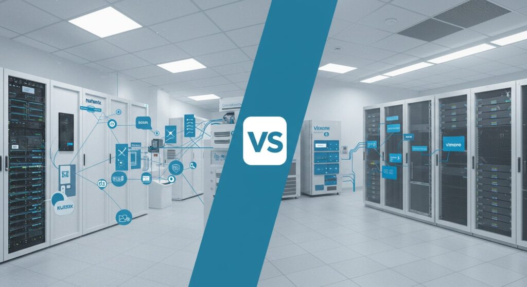 Side-by-side visualization of Nutanix vs VMware infrastructure in enterprise data centers with network and cloud integration.