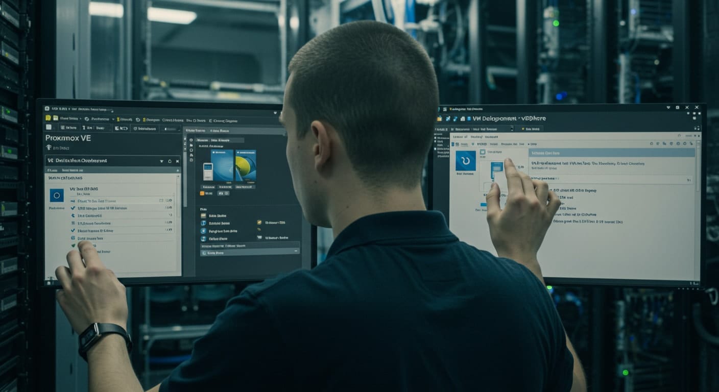 Engineer managing virtual machines in Proxmox VE dashboard compared to VMware vSphere interface in Proxmox vs VMware evaluation.