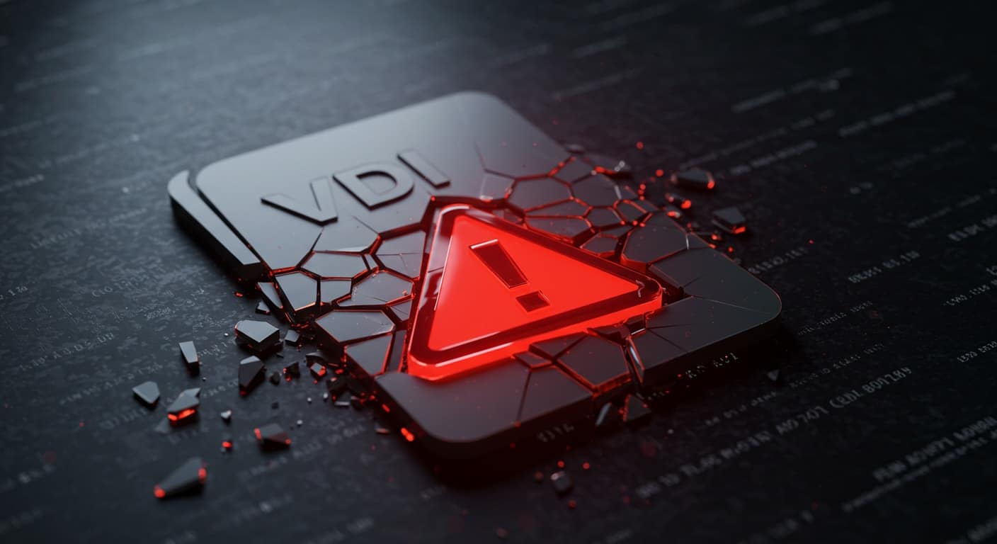 Damaged VDI file icon with a red alert triangle, representing corruption and virtual disk failure.