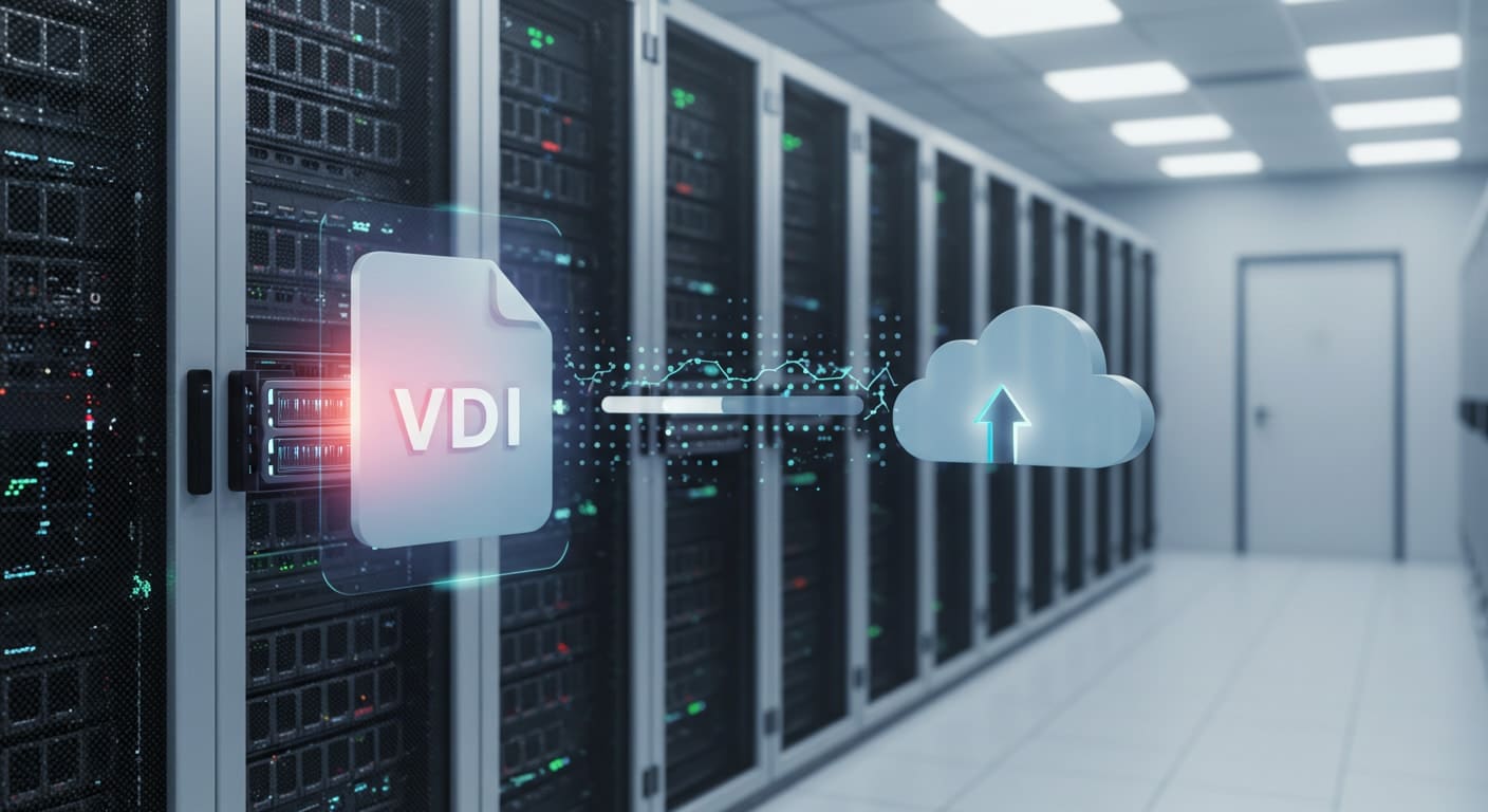 VDI file being transferred from a physical server to the cloud, symbolizing virtual disk portability and backup.