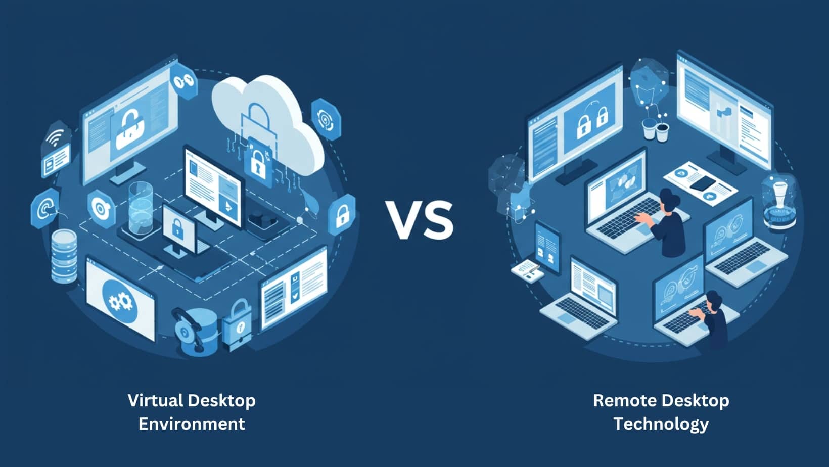 Illustration comparing VDI and Remote Desktop technologies, highlighting differences in virtual desktop environments and remote access solutions