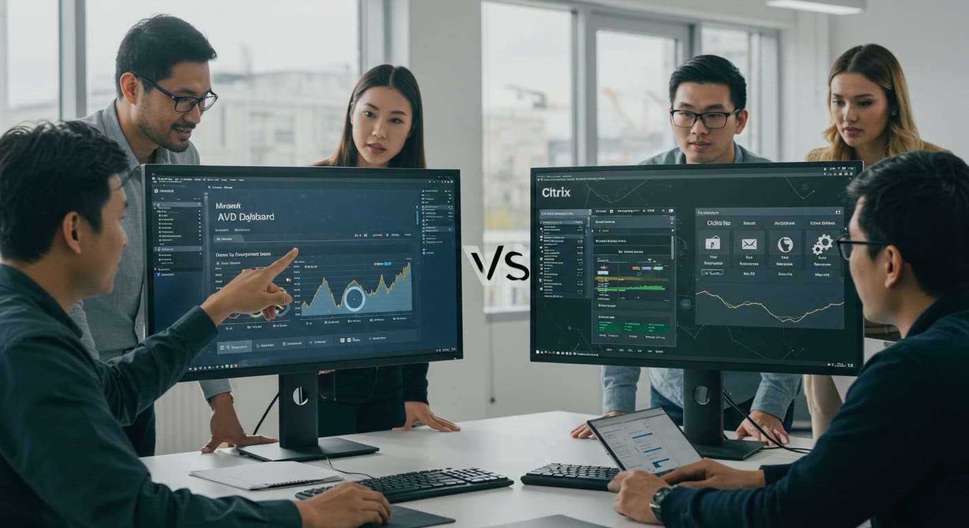IT team comparing Azure Virtual Desktop vs Citrix dashboards for virtualization management