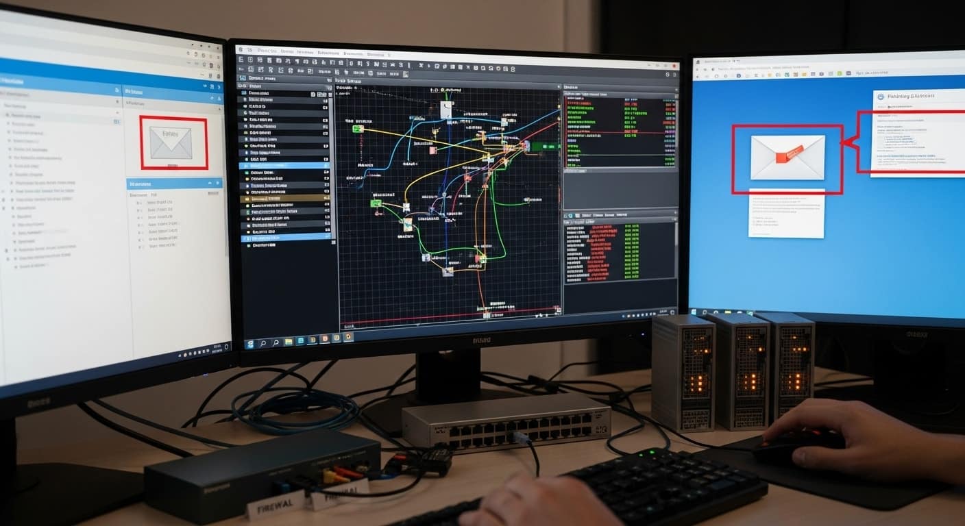 Hands-on threat analysis setup inside a virtual cybersecurity lab with phishing detection and network mapping tools displayed on multiple monitors.