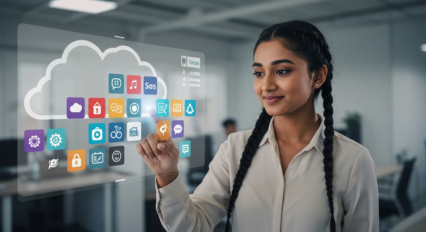 Businesswoman selecting software icons from a cloud-based SaaS interface, visualizing the user experience in DaaS vs SaaS models.