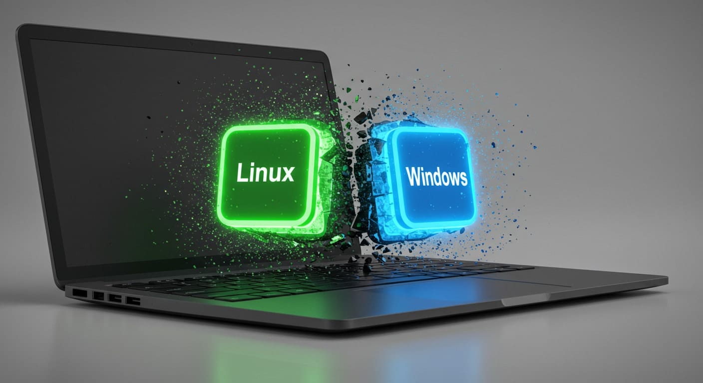 Conceptual depiction of Linux and Windows environments coexisting on a single machine, illustrating the dual-boot method for how to run Windows on Linux.