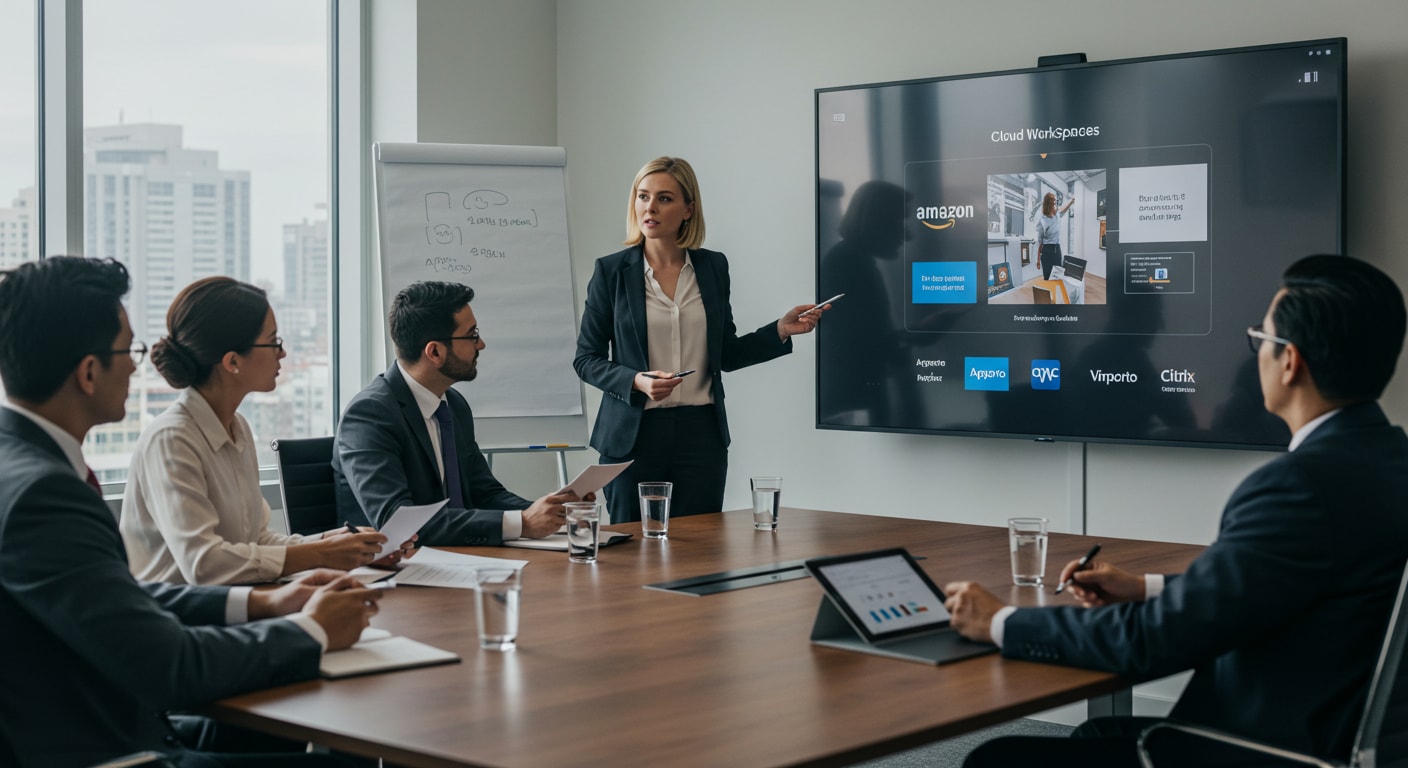 Business team in a boardroom evaluating Amazon WorkSpaces alongside Apporto, Citrix, and other VDI platforms, discussing security issues with Amazon WorkSpaces VDI in a cloud strategy meeting