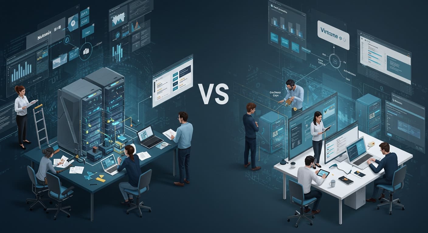Illustration of Nutanix vs VMware comparison with IT teams managing data center servers and virtualization dashboards.