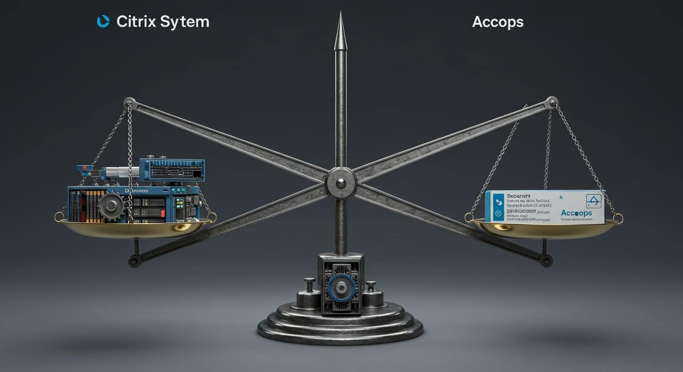 Accops vs Citrix balance scale comparing simplicity and compliance with complex infrastructure control.
