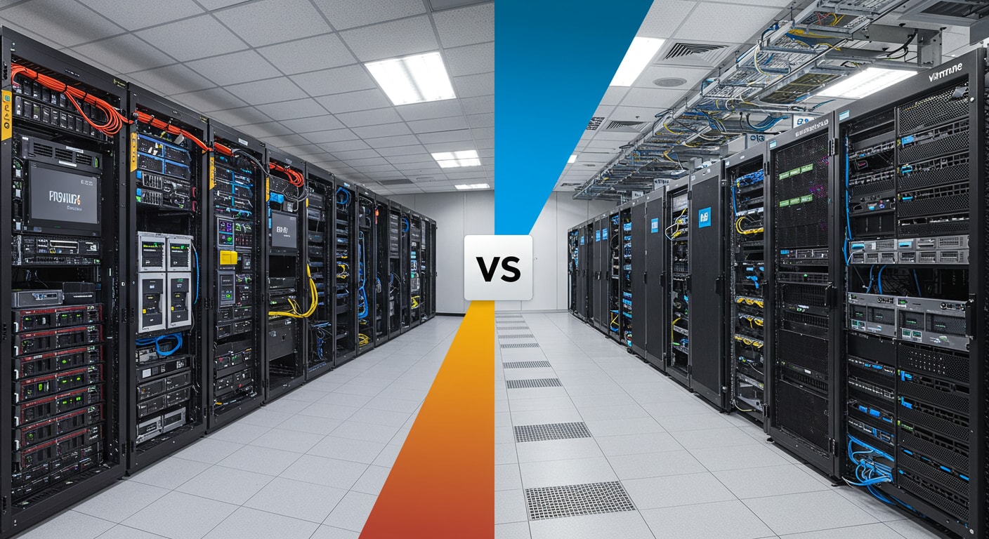Side-by-side comparison of Proxmox vs VMware infrastructure in enterprise server rooms.