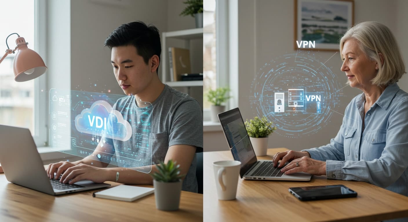 Dual remote work setup comparing VDI access via cloud platform versus VPN tunnel login, representing VDI vs VPN usage.