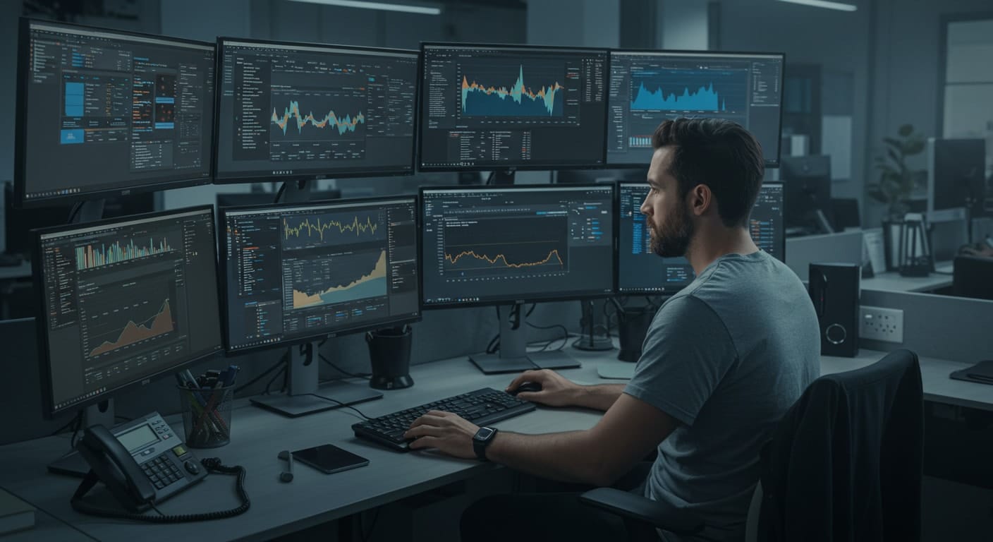 IT administrator monitoring multiple dashboards on screens, showing what is Citrix VDA troubleshooting with admin tools and performance metrics.