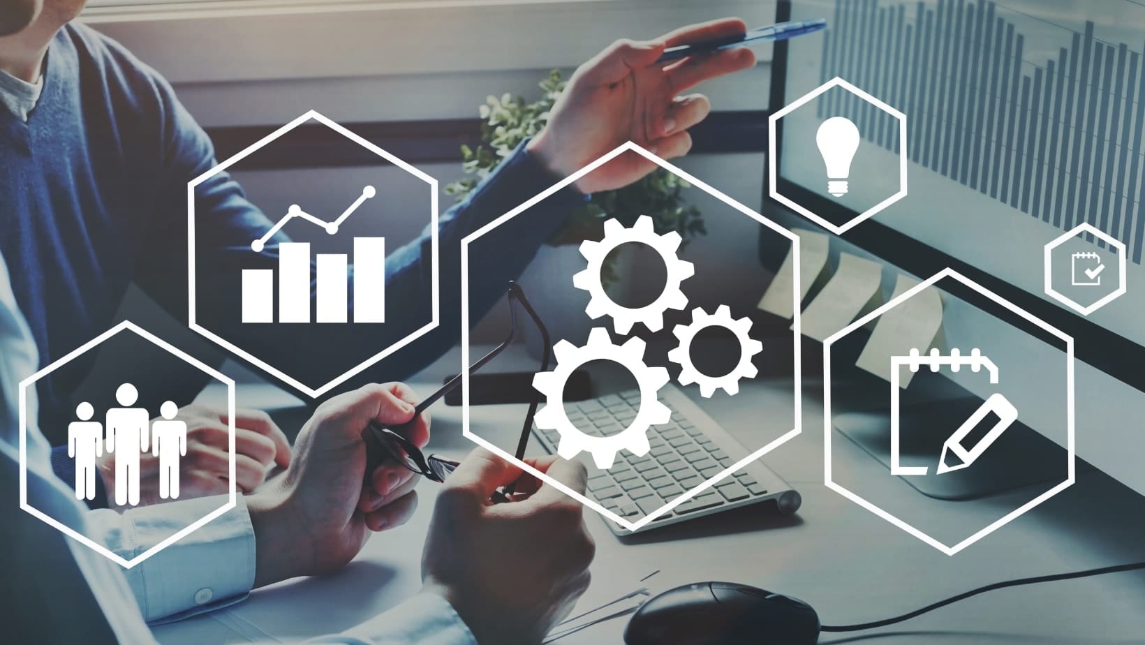 "Team collaborating on business processes enhanced by DaaS architecture with gears, charts, and productivity icons