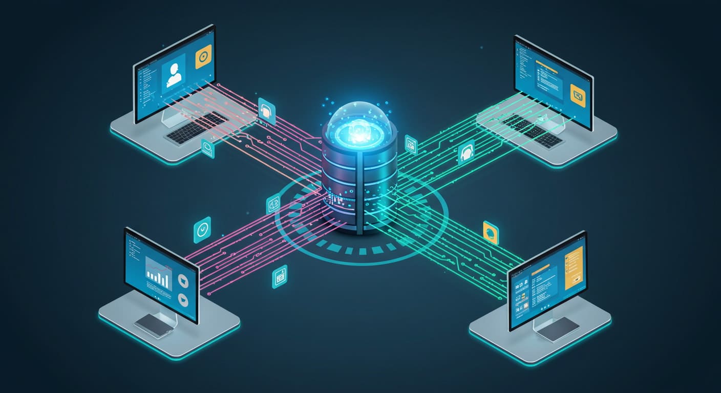 Illustration depicting multiple computers connected to a central server, representing different types of VDI deployment.
