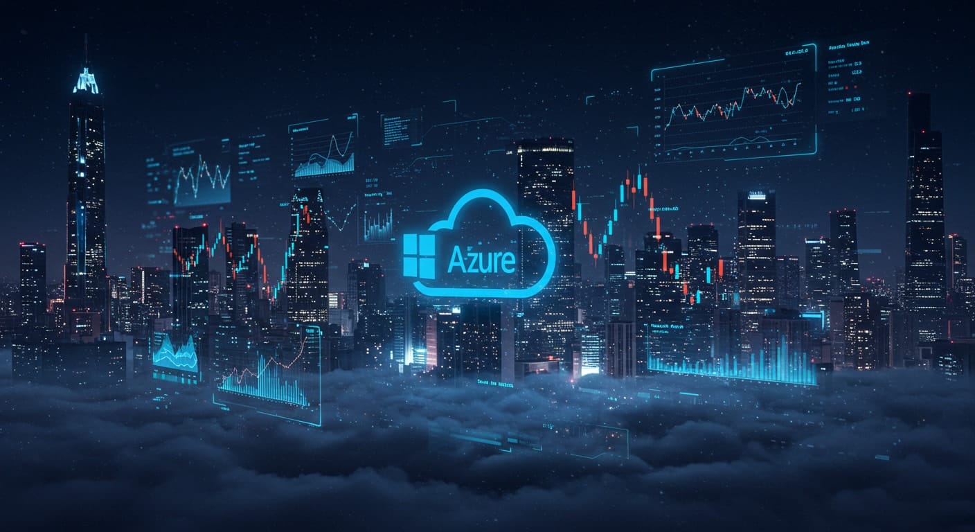 Azure Virtual Desktop pricing visual showing cloud computing and cost analytics over a city skyline