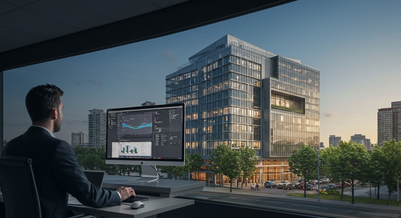 Business professional analyzing data on computer within modern office showcasing DaaS architecture applications