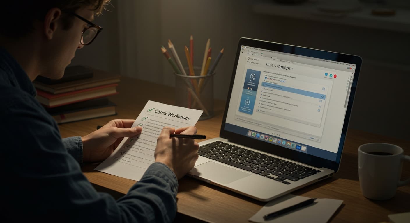 User following a checklist on how to uninstall Citrix on Mac with Citrix Workspace open on a laptop.