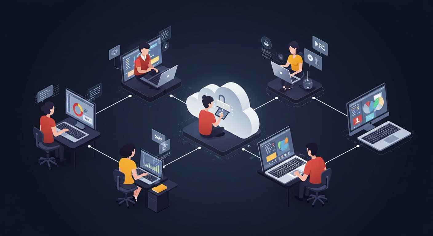 Remote employees connected to cloud desktops and applications, showcasing user experience in Citrix desktop virtualization.