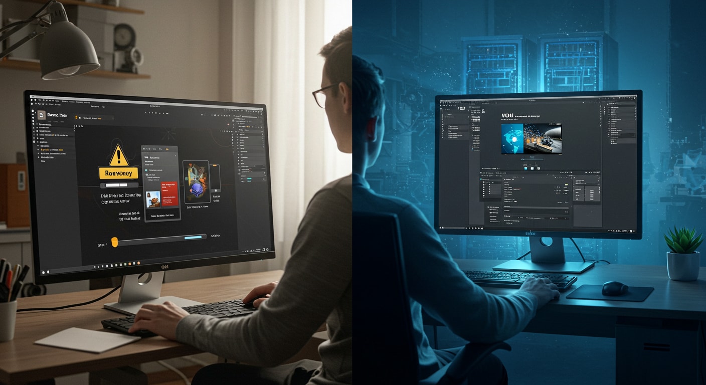 Side-by-side view of users accessing remote work via VPN and VDI, illustrating the performance and environment differences.