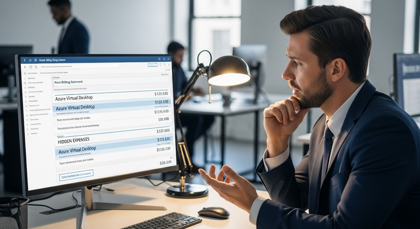 Professional reviewing cloud billing report on monitor revealing hidden costs and reasons to consider an Azure Virtual Desktop alternative.