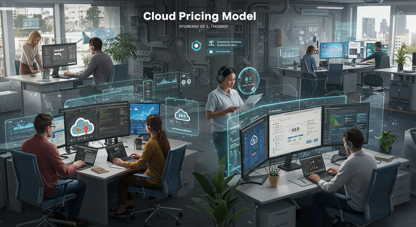 Team analyzing cloud dashboards and cost metrics in a modern office setting, representing VDI as a Service pricing models in action