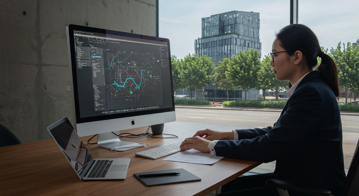 Business professional analyzing data visualization on desktop computer, illustrating effective use of DaaS architecture