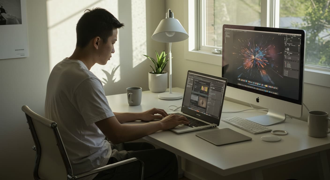 Professional working from home using a Mac setup with dual screens, illustrating a seamless remote experience enabled by VDI for Mac