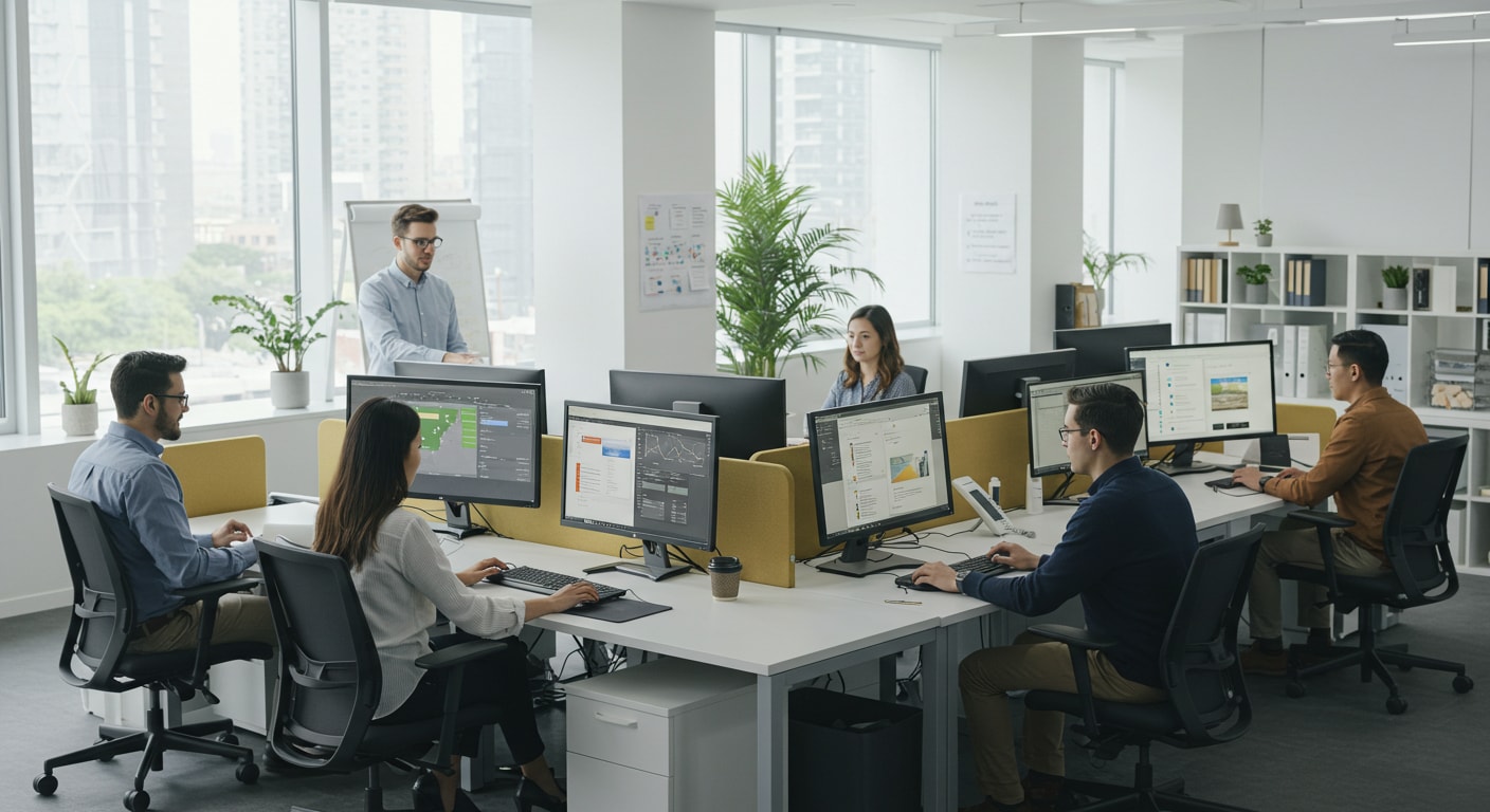 Employees using VMware Horizon desktops in a modern office environment