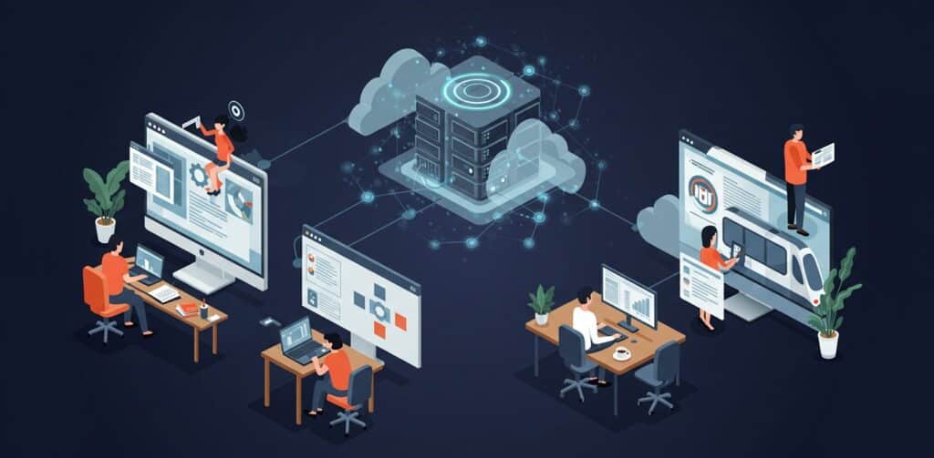 Team of remote workers interacting with cloud-connected desktops, representing Citrix desktop virtualization in a modern workspace.