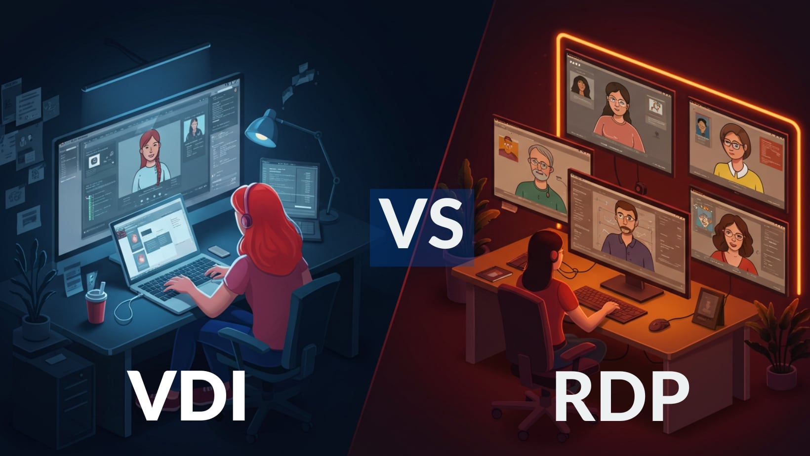 Illustration comparing VDI vs RDP, highlighting differences in virtual desktop infrastructure and remote desktop protocol environments