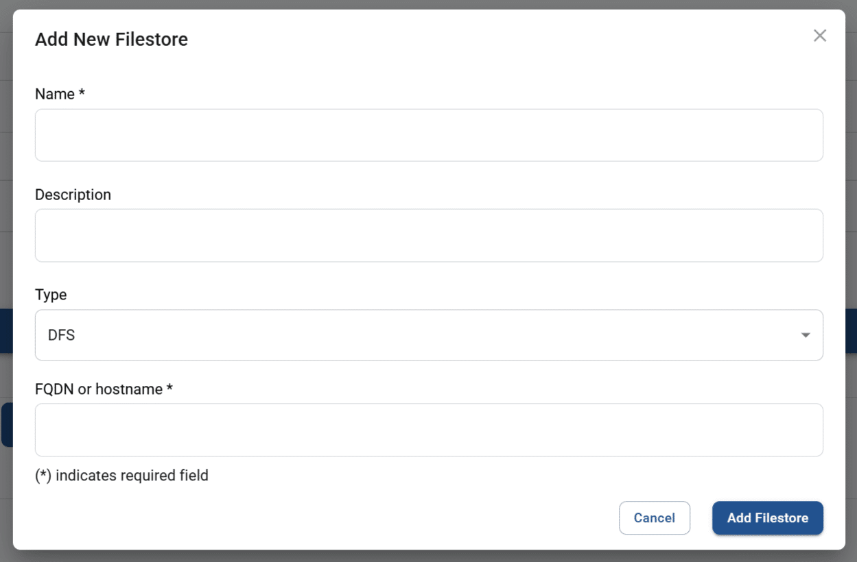add new filestore pop-up screen