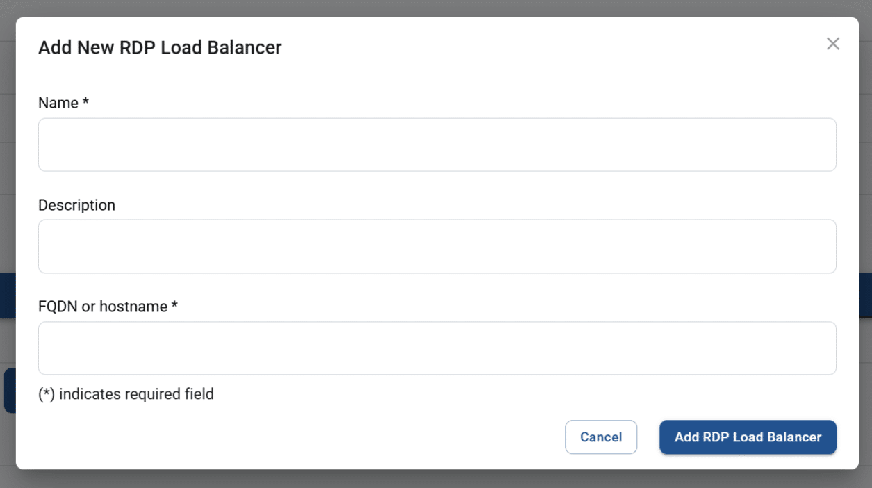 add new RDP load balancer pop-up screen