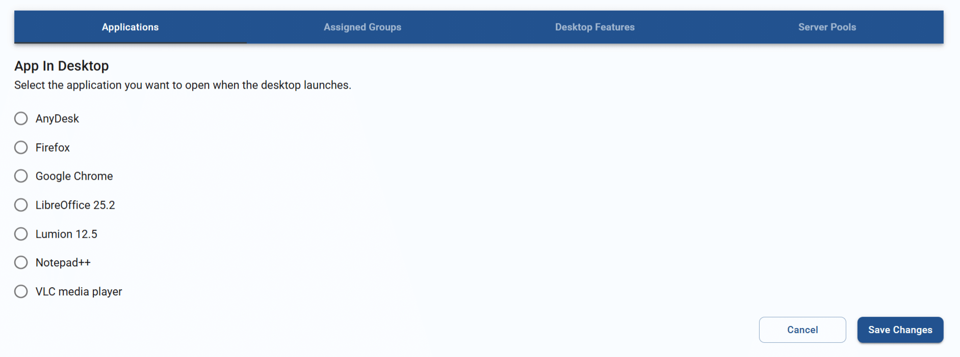 app in desktop options in the applications tab